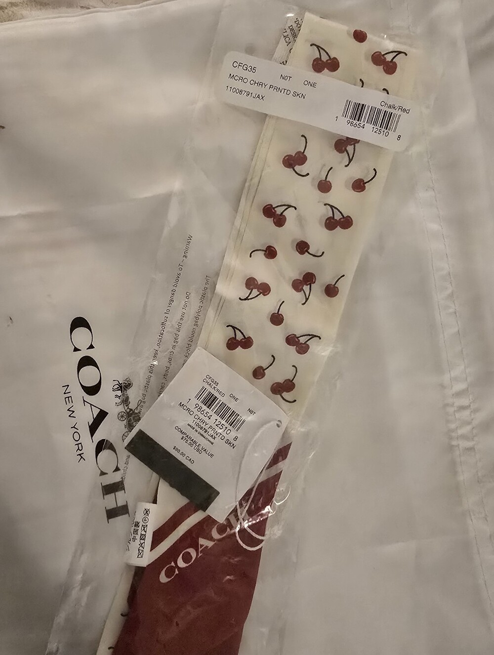 Coach Cherry-Print Skinny Scarf - Cream/Red